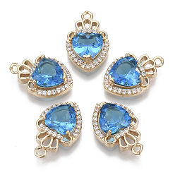 Темно-Голубой Стеклянные подвески, с фианитом из микропаве и открытой спинкой из латуни, граненые, сердце с короной, золотой свет, глубокое синее небо, 17.5x11.5x5.5 мм, отверстие : 1.4 мм