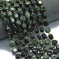 Яшма Камбаба Нити бусин из натуральной зеленой яшмы камбаба, граненый шестиугольный разрез, плоско-круглые, с бисером, 10~10.5x6 мм, отверстие : 1.1 мм, около 31~32 шт / нитка, 15.35''~15.55'' (39~39.5 см)