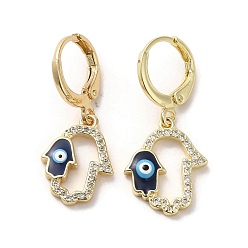 Prussian Blue Hamsa Hand with Evil Eye Golden Brass Dangle Leverback Earrings, with Enamel & Cubic Zirconia, Prussian Blue, 28.5~29x12mm