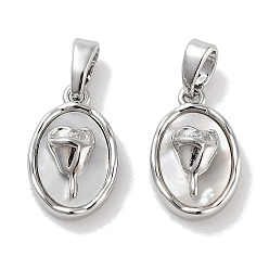 Platinum Brass Pave Natural Shell Oval with Rose Charms, Platinum, 14x9x4.5mm, Hole: 4x2mm