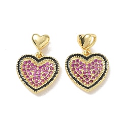 Real 18K Gold Plated Brass Micro Pave Medium Violet Red Cubic Zirconia with Black Enamel Charms, Heart Charms, Cadmium Free & Lead Free, Rack Plating, Long-Lasting Plated, Real 18K Gold Plated, 15x14x2.5mm, Hole: 3x2mm
