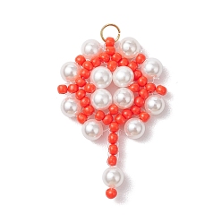 Оранжево-Красный Подвески-цветы из стеклянных бусинок ручной работы, с 304 соединительным кольцом из нержавеющей стали и бусинами из ракушек, оранжево-красный, 31x20.5x4 мм, отверстие : 3 мм
