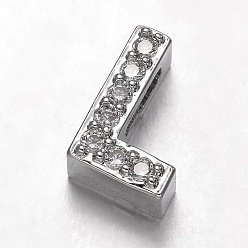 Letter L Platinum Plated Brass Micro Pave Cubic Zirconia Letter Slide Charms, Letter.L, 9.5x6x4.5mm, Hole: 4.5x1.5mm