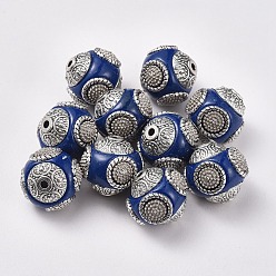 Средно-синий Индонезийские бусины ручной работы, со сплавочными ядрами, круглые, античное серебро, светло-синий, 14~16x14~16 мм, отверстие : 1.5 мм