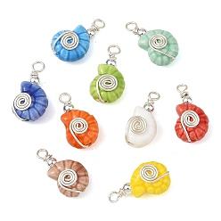 Platinum Handmade Porcelain Pendants, Conch Shell Shape Charms, with Electroplate Non-magnetic Synthetic Hematite Beads and Round Copper Jewelry Wire, Mixed Color, Platinum, 23~24x12.5x9.5mm, Hole: 3mm