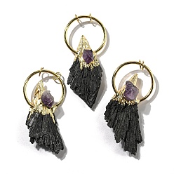 Tourmaline Natural Black Tourmaline & Amethyst Big Pendants, Wing Charms with Golden Tone Brass Rings, 61~83x31~34x13~20mm, Hole: 5.5mm