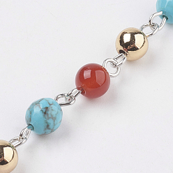 Carnelian Natural Carnelian & Synthetic Turquoise Beads Handmade Chains, Unwelded, with Brass Findings and Iron Eye Pin, Round, 12~13x6mm, 39.37 inch(1m)/strand
