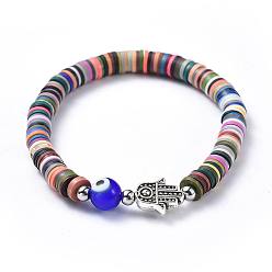 Разноцветный Бусины из полимерной глины бусы из бисера Heishi, с круглыми бусинами в технике сглаза ручной работы и бусинами из сплава тибетского стиля, hamsa рука / рука fatima / рука miriam, красочный, 2 дюйм (5.2 см), 6 мм