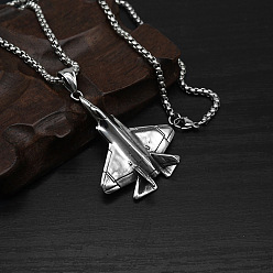 Stainless Steel Color 304 Stainless Steel 3D Airplane Pendant Necklaces for Men, Tarnish Free, Stainless Steel Color, 23.62 inch(60cm)