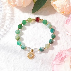 Натуральный Агат Браслеты из круглых бусин из натурального полосатого агата и кварцевого кристалла, латунные браслеты с подвесками в виде солнца из прозрачных кубических цирконий с микропаве для женщин, внутренний диаметр: 2-1/8 дюйм (5.3 см)