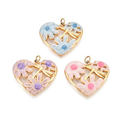 (52) Непрозрачная лаванда 304 нержавеющей стальной эмали подвески, Сердце со цветками , с целью перехода в кольце, ионное покрытие (ip), реальный 18 k позолоченный, разноцветные, 19.5x22.5x2.5 мм, отверстие : 2.8 мм