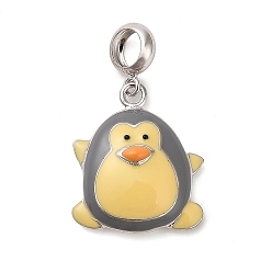 Лимонный шифон Родиевое покрытие 925 европейские подвески с эмалью стерлингового серебра, подвески в виде пингвина с большой дыркой, платина, лимонный шифон, 24 мм, отверстие : 4.5 мм