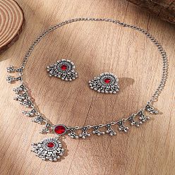 Античное Серебро Ожерелье с подвеской из цветочного сплава и стразами и серьги-гвоздики, рубин, античное серебро, 450 мм