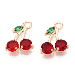 Light Gold Латунные микро проложить кубического циркония подвески, без кадмия, без никеля и без свинца, черри прелести, золотой свет, 13.5~14x10.6x3~3.5 мм, отверстие : 1.6~1.8 мм