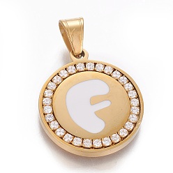 Letter F 304 Stainless Steel Enamel Pendants, with Cubic Zirconia, Flat Round with Letter, Golden, Clear, Letter.F, 29x25x3mm, Hole: 5.5x8.5mm