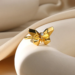 Бабочка 304 регулируемые манжеты из нержавеющей стали для женщин, с микро проложить кубического циркония, золотые, бабочка, 22.5x14.5 мм, размер США 8 1/2 (18.5 мм)