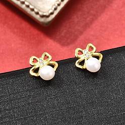 Золотой 925 Серьги-гвоздики в форме банта из стерлингового серебра с прозрачным кубическим цирконием, с имитацией жемчужины из ракушки, золотые, 8.5x8 мм