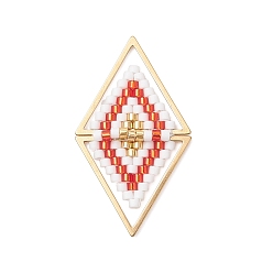 Красный Подвески-соединители из стеклянных бусин, ромбовидные звенья с 304 треугольными соединениями из нержавеющей стали, золотые, красные, 32.5x18.5x3 мм
