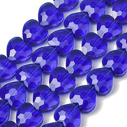 Dark Blue Transparent Glass Beads Strands, Heart, Faceted, Dark Blue, 10x10x4.5mm, Hole: 1mm, about 70pcs/strand, 25.83''(65.6cm)