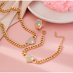 Золотой Наборы браслетов, ожерелий и колец из сплава с кристаллами и стразами., сердце, золотые, длина ожерелья: 14.17 дюйм (36 см) и 170 мм и 18 мм