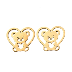 Oro 201 colgantes de acero inoxidable, Corazón hueco con dijes de oso, Corte con laser, dorado, 23.5x27x1 mm, agujero: 1.5 mm