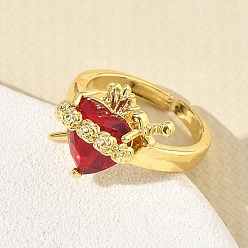 Oro Anillos abiertos de latón y cristal para mujer, sagrado Corazón, larga duración plateado, chapado en rack, sin plomo y el cadmio, dorado, 17 mm, corazón: 14.5x14 mm
