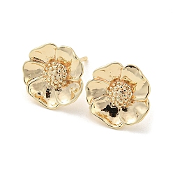 Real 18K Gold Plated Brass Stud Earrings Findings, with Loops, Flower, Real 18K Gold Plated, 12mm, Hole: 1.8mm, Pin: 11x0.7mm