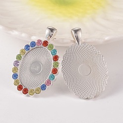 Colorful Oval Alloy Rhinestone Pendant Cabochon Settings, Cadmium Free & Lead Free, Picture Memory Frame Pendants, Silver Color Plated, Colorful, Tray: 18x25mm, 43x27x3mm, Hole: 4x7mm, 38pcs/bag