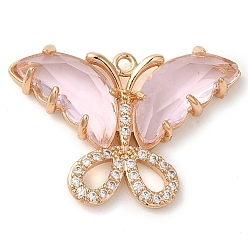 Розовый Подвески из латуни с покрытием из прозрачного кубического циркония, со стеклом, без свинца и без кадмия, долговечный, очарование бабочки, реальный 14 k позолоченный, туманная роза, 20x28x5 мм, отверстие : 1.4 мм