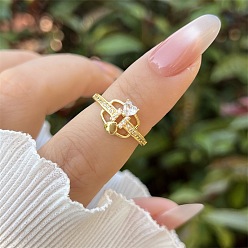 Real 18K Gold Plated Brass Micro Pave Cubic Zirconia Cuff Open Rings for Women, Heart, Real 18K Gold Plated, US Size 4 1/4(15mm)~20mm