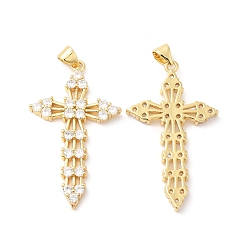 Real 16K Gold Plated Brass Micro Pave Clear Cubic Zirconia Pendants, Cross Charms, Real 16K Gold Plated, 39.5x23x3mm, Hole: 4.5x3mm