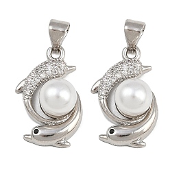 Платина Латунные микро проложить кубического циркония подвески, с ABS имитации жемчуга, дельфин, стойки покрытие, долговечный, без свинца и без кадмия, платина, 19.5x12.5x8 мм, отверстие : 4x3 мм