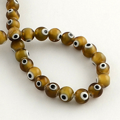 Coffee Round Handmade Evil Eye Lampwork Beads, Coffee, 6mm, Hole: 1mm, about 64pcs/strand, 14.1 inch