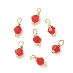 Chapado en Oro Real 18K Colgantes de latón y vidrio, encantos bicono, facetados, chapado en rack, larga duración plateado, sin plomo y el cadmio, real 18 k chapado en oro, 8.5x4 mm, agujero: 1.8 mm
