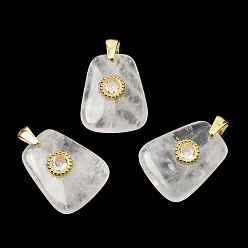 Хрусталь Природного кварца хрустальных подвесок, Трапециевидные подвески из горного хрусталя с латунной инкрустацией из прозрачного кубического циркония., золотые, стойки покрытие, 21.5x17~17.5x8 мм, отверстие : 3.5x4.3 мм