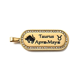Телец Овальные с 12 созвездием 304 подвесками из нержавеющей стали со стразами, с эмалью, ионное покрытие (ip), реальный 18 k позолоченный, Телец, 46x19x2 мм, отверстие : 6x3.5 мм