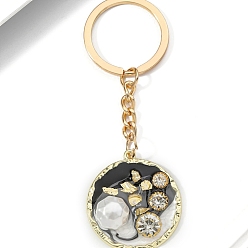 Черный Брелки со стразами из сплава, Эмаль стиле, украшения для сумок и кошельков, плоско-круглые, чёрные, 9.5x3.5 см