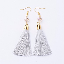 WhiteSmoke Ice Silk Thread Tassel Dangle Earrings, with Glass Beads and Brass Earring Hooks, Golden, WhiteSmoke, 93mm, Pin: 0.6mm, Pendant: 75x8mm
