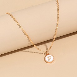 Letter F Сплав белого эмалевого диска с инициалами подвески ожерелья для женщин, золотые, Буква F, 17.72 дюйм (45 см)