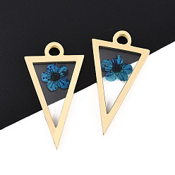 Стально-синий 304 подвески из нержавеющей стали с эпоксидной смолой, треугольник с сухоцветом, ионное покрытие (ip), реальный 18 k позолоченный, стальной синий, 29x16x3~4 мм, отверстие : 2.5 мм