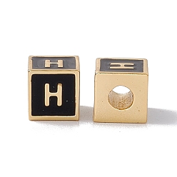 Letter H Стойки покрытие латунь эмаль бисер, без кадмия, без никеля и без свинца, реальный 18 k позолоченный, куб с письмом, чёрные, letter.h, 6x6x6 мм, отверстие : 2.5 мм