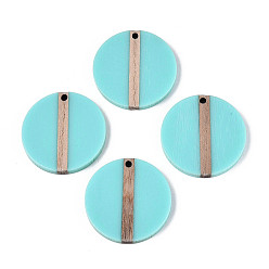 Средний Бирюзовый Подвески из смолы и дерева, плоско-круглые, средне бирюзовый, 28.1x3.8 мм, отверстие : 2 мм