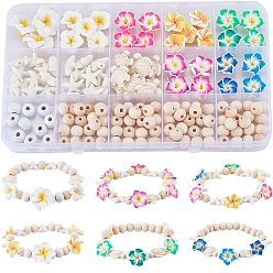 (52) Непрозрачная лаванда Наборы для изготовления эластичных браслетов своими руками, включая бусины из натурального необработанного дерева, синтетические бирюзовые бусины, полимерная глина 3 бусины в виде цветка плюмерии, плоская эластичная кристаллическая струна, разноцветные, бусины : 8~20x8~20x5.2~10 мм, отверстие : 1~3 мм