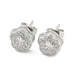 Platinum Brass Micro Pave Cubic Zirconia Ear Studs, Flower, Platinum, 9mm