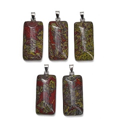 Héliotrope Pendentifs en pierre de sang naturelle, charme rectangle, avec 304 mousqueton en acier inoxydable sur les balles, couleur inox, 44~45x19~20x8~9mm, Trou: 7.5x4mm