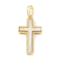 Настоящее золото 18K Подвески из латуни с натуральными белыми ракушками, религия крест прелести, долговечный, без свинца и без кадмия, стойки покрытие, реальный 18 k позолоченный, 23x13x3.5 мм, отверстие : 3.5x6 мм