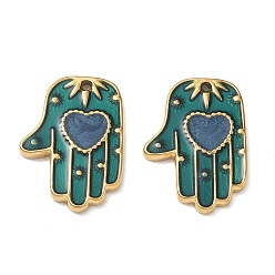 Green 304 Stainless Steel with Enamel Pendants, Palm with Heart Charms, Ion Plating(IP), Real 18K Gold Plated, Green, 20x14.5x2mm, Hole: 0.8mm