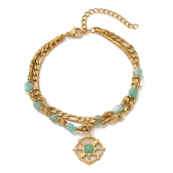 Anchor & Helm Богемный стиль 304 браслет из двух слоев с цепочкой из нержавеющей стали и натуральными бусинами, браслеты с подвесками для женщин, якорь и штурвал, якорь и штурвал, 6.61 дюйм (16.8 см), Кулон : 17x12.5 мм