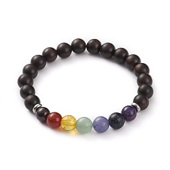 Черный Чакра ювелирные изделия, браслеты из натурального дерева бусины стрейч, с бусинами из натуральных драгоценных камней и 304 распорными бусинами из нержавеющей стали, круглые, чёрные, внутренний диаметр: 2-1/8 дюйм (5.4 см), 4 шт / комплект