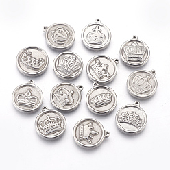Edelstahl Farbe Anlaufgeschützt 304 Charms aus Edelstahl, flach rund mit Krone, Edelstahl Farbe, 15x2.5 mm, Bohrung: 1.2~1.4 mm